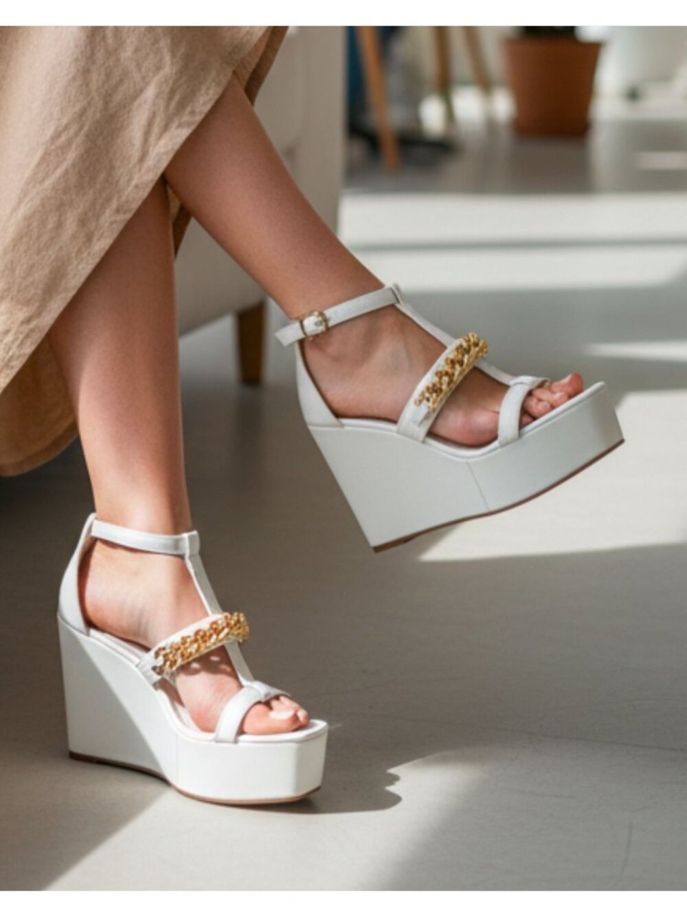 White Platform Wedge Sandals With Gold Chain Accent & Clear Straps By Bella Mari